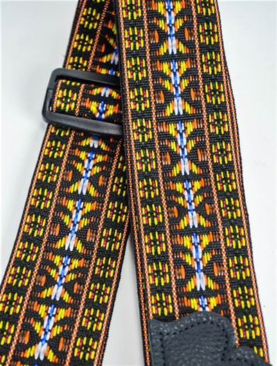 Franklin Strap F2-O-BK 2” Orange Folk Woven Nylon Black Leather End Tab Guitar Strap