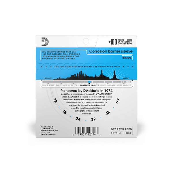 D'Addario 12-53 Light, Phosphor Bronze Acoustic Guitar Strings EJ16