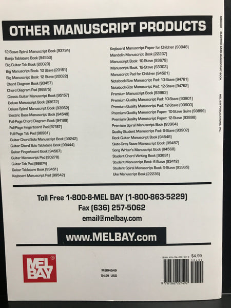 Mel Bay Electric Bass Manuscript Book Tear Out Sheets