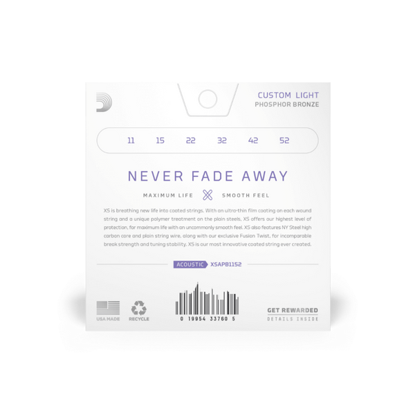 D'Addario 11-52 Custom Light, XS Phosphor Bronze Coated Acoustic Guitar Strings XSAPB1152