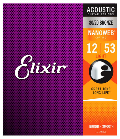 Elixir 11052 Nanoweb 80/20 Bronze Acoustic Guitar Strings - Light (12-53)