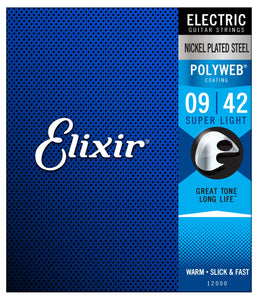 Elixir 12000 Polyweb Nickel Plated Steel Electric Guitar Strings - Super Light (9-42)