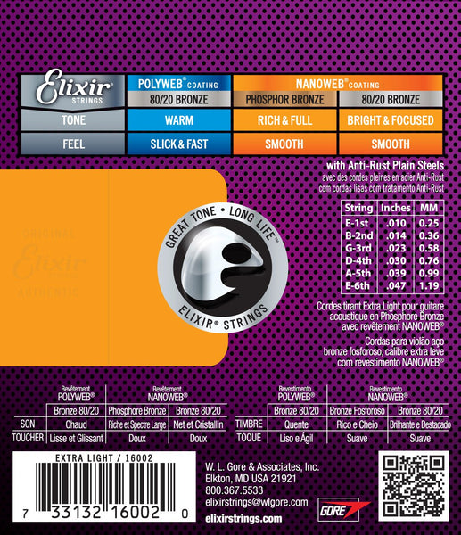Elixir 16002 Nanoweb Phosphor Bronze Acoustic Guitar Strings - Extra Light (10-47)