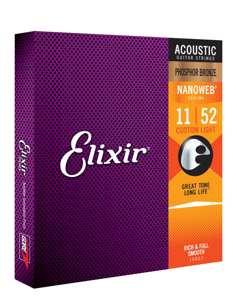 Elixir 16027 Nanoweb Phosphor Bronze Acoustic Guitar Strings - Custom Light (11-52)