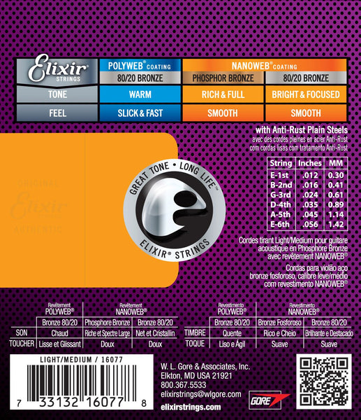 Elixir 16077 Nanoweb Phosphor Bronze Acoustic Guitar Strings - Light-Medium (12-56)