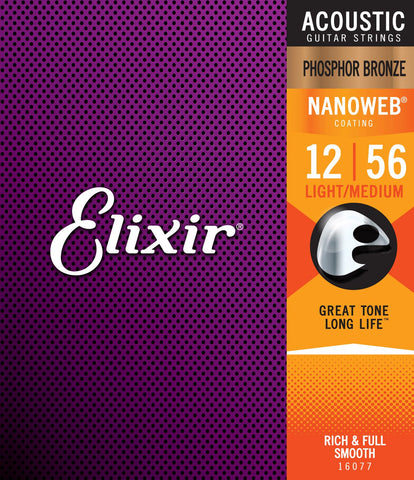 Elixir 16077 Nanoweb Phosphor Bronze Acoustic Guitar Strings - Light-Medium (12-56)