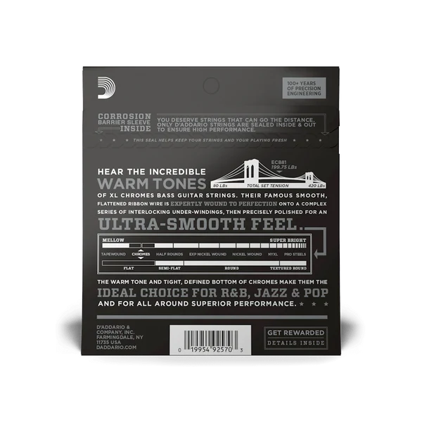 D’Addario ECB81 Flatwound Light XL Chromes Long Scale Bass Guitar Strings 45-100