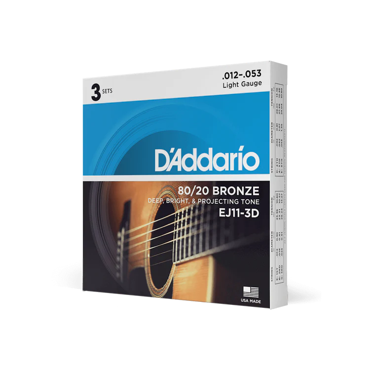 D'Addario EJ11-3D 80/20 bronze acoustic guitar strings, light 12-53, 3-pack