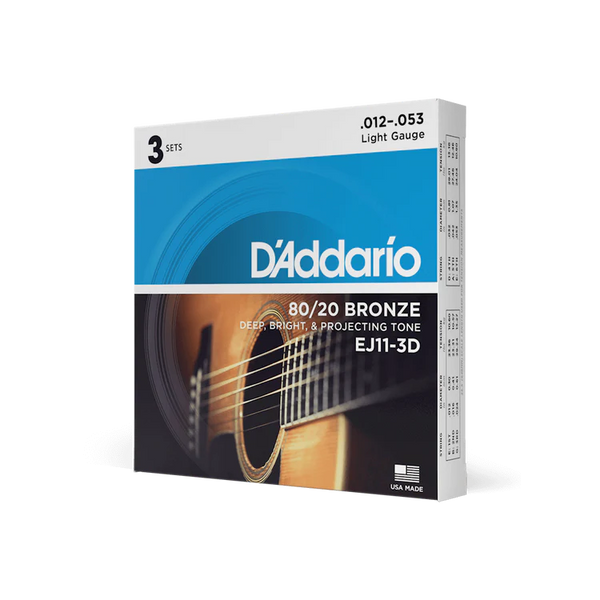 D’Addario EJ11-3D 3 Sets 80/20 Bronze Acoustic Guitar Strings, Light 12-53