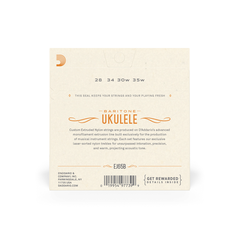 D'Addario EJ65B Baritone Ukulele Nylon Strings - Clear 