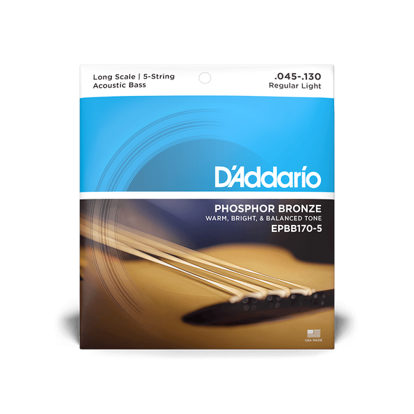 D'Addario EPBB170-5 Phosphor Bronze 5-String Long Scale Acoustic Bass Strings, 45-130 - Phosphor Bronze
