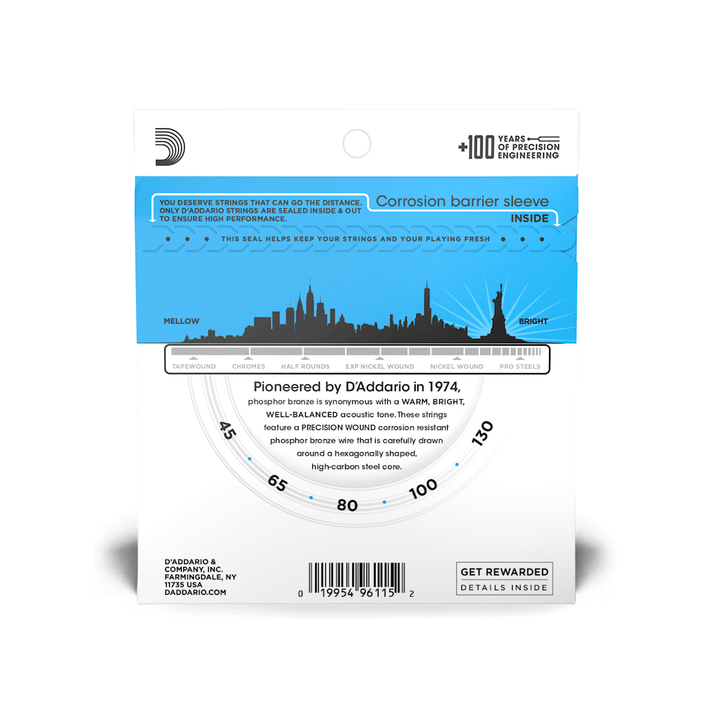 D'Addario EPBB170-5 Phosphor Bronze 5-String Long Scale Acoustic Bass Strings, 45-130 - Phosphor Bronze