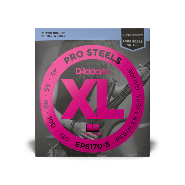 D'Addario EPS170-5 5-String ProSteels Long Scale Light Bass Guitar Strings, 45-130