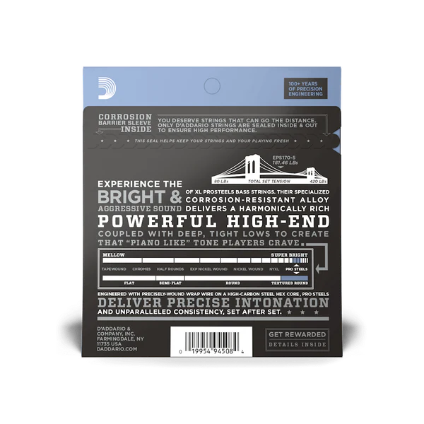 D'Addario EPS170-5 5-String ProSteels Long Scale Light Bass Guitar Strings, 45-130
