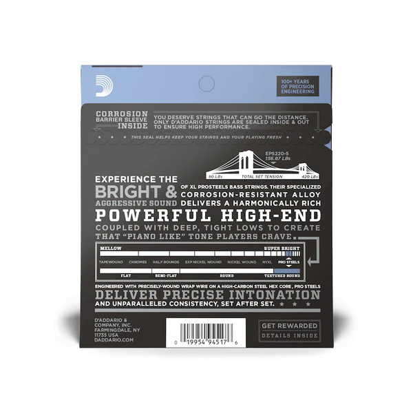 D'Addario EPS220-5 5-String ProSteels Long Scale Super Light Bass Guitar Strings, 40-125 