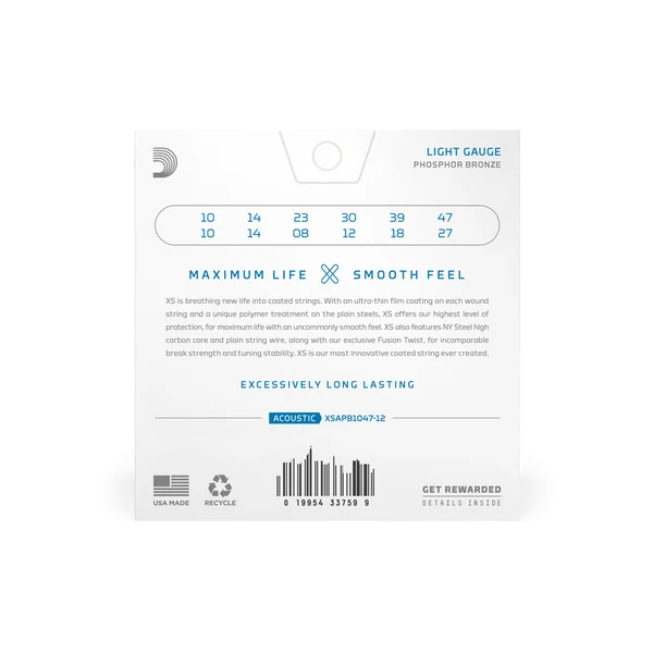 D'Addario XSAPB1047-12 10-47 Light Coated 12-String Acoustic Guitar Strings