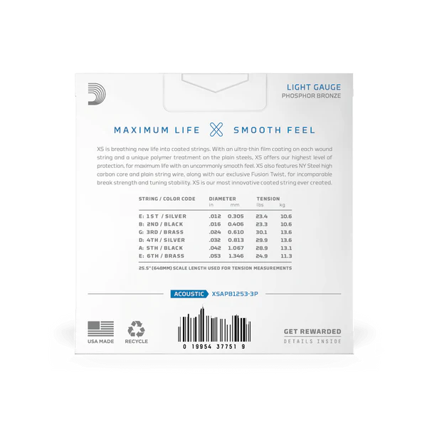 D'Addario XSAPB1253-3PK Regular Light Coated Acoustic Guitar Strings - 3-Pack