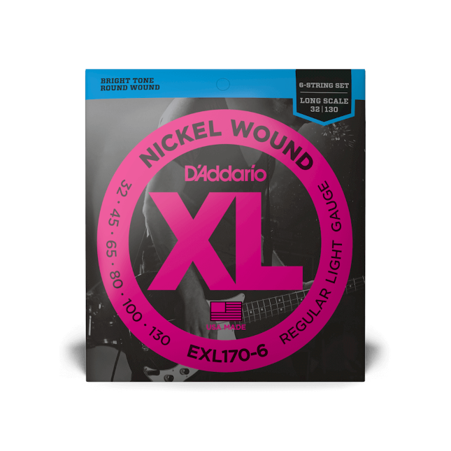 D'Addario 32-130 Regular Light 6-String, Long Scale, XL Nickel Bass Strings EXL170-6