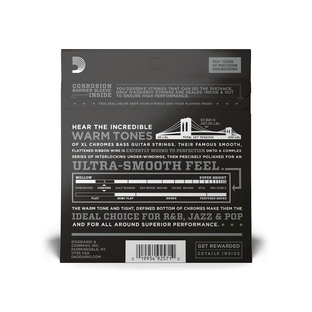 D'Addario 45-132 Regular Light 5-String, Long Scale, XL Chromes Bass Strings ECB81-5