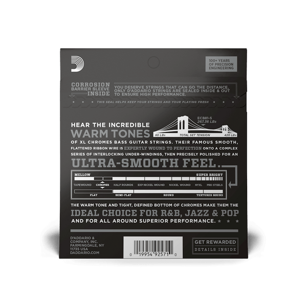 D'Addario 45-132 Regular Light 5-String, Long Scale, XL Chromes Bass Strings ECB81-5