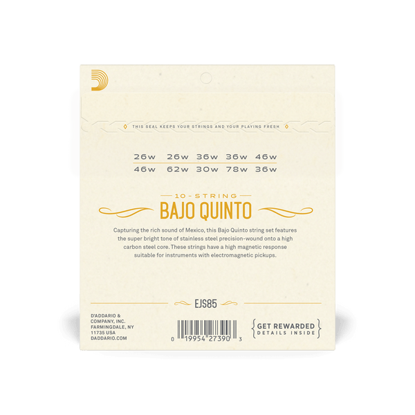 D'Addario EJS85 Bajo Quinto Stainless Steel Guitar Strings - 10 String Set