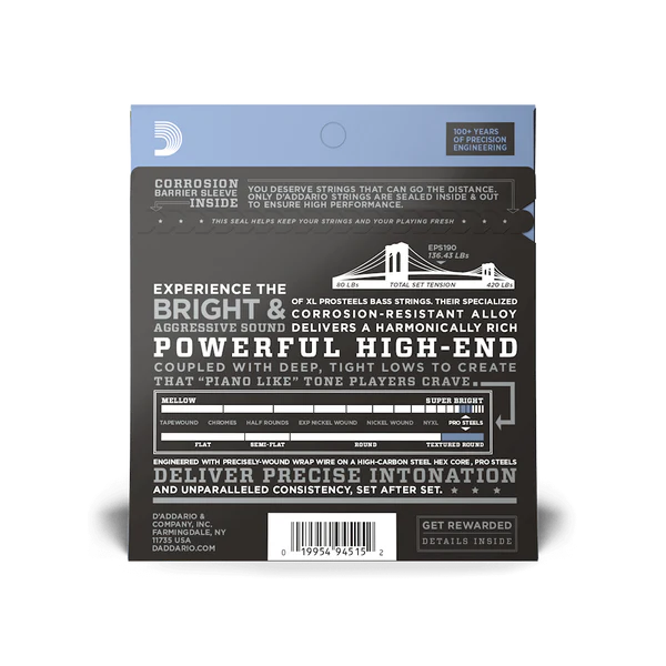 D'Addario EPS190 ProSteels Long Scale Custom Light Bass Guitar Strings, 40-100 - Steel