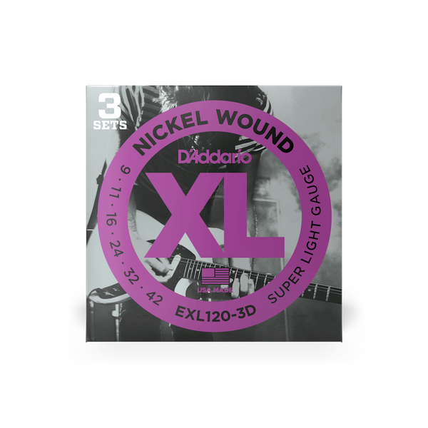 D'Addario EXL120-3D Nickel Wound Electric Guitar Strings, Super Light, 09-42, 3 Sets