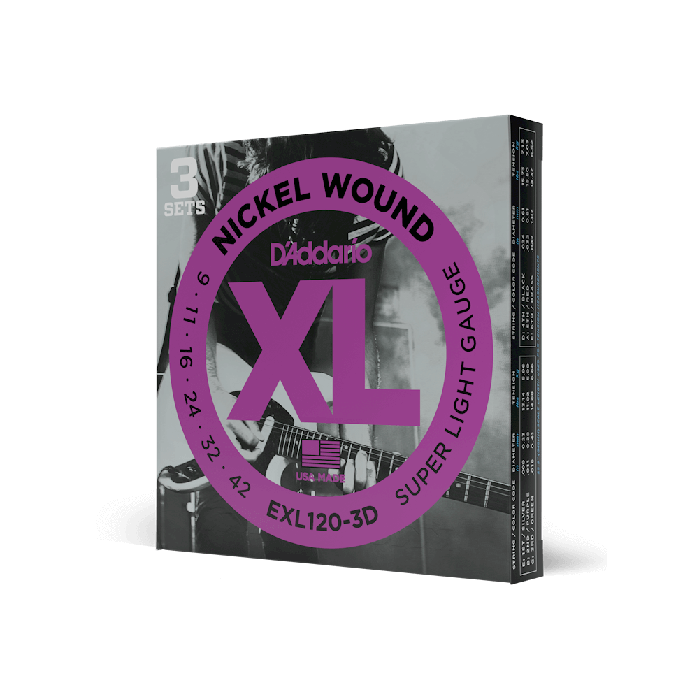 D'Addario EXL120-3D XL nickel wound electric guitar strings, super light 9-42, 3-pack