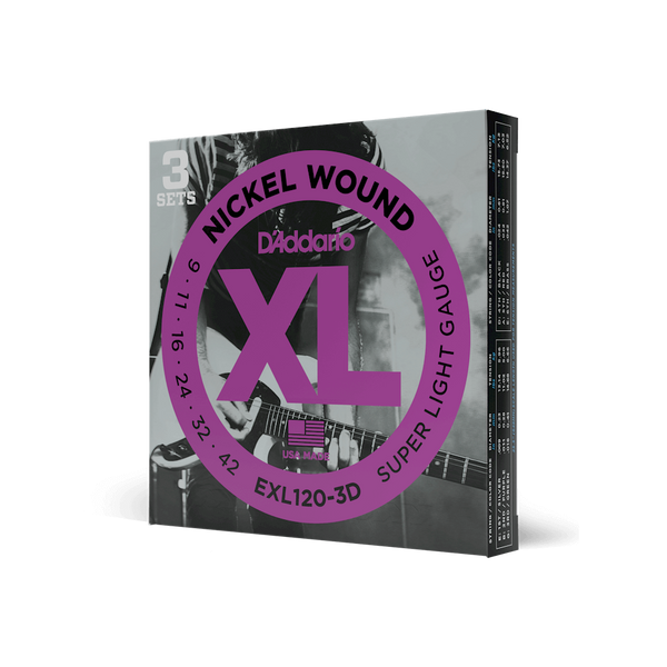 D'Addario EXL120-3D Nickel Wound Electric Guitar Strings, Super Light, 09-42, 3 Sets