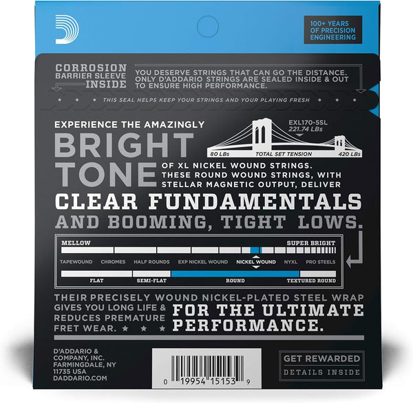 D'Addario EXL170-5SL Super Long Regular Light 5-String Nickel Wound Bass Guitar Strings 45-130