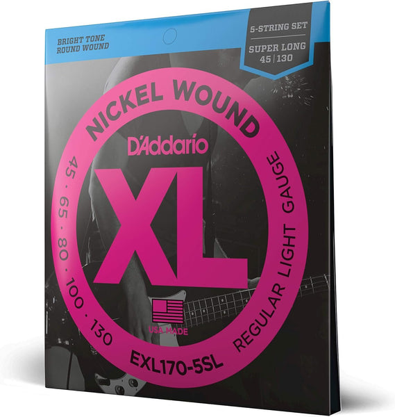 D'Addario EXL170-5SL Super Long Regular Light 5-String Nickel Wound Bass Guitar Strings 45-130