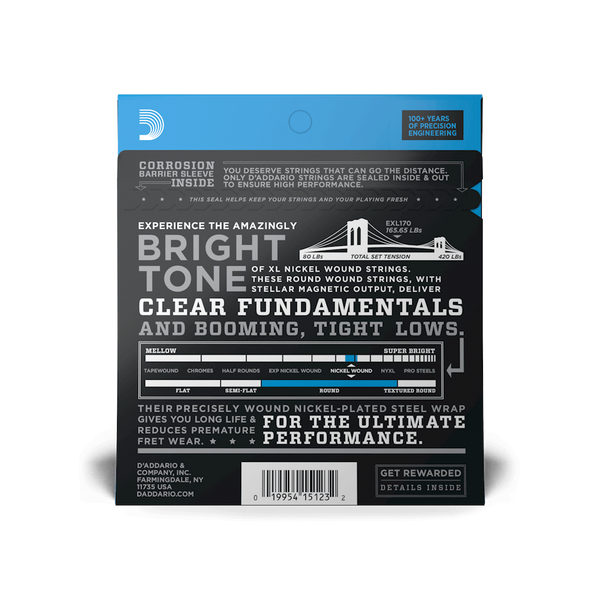 D'Addario EXL170 Nickel Wound Long Scale Bass Guitar Strings, Light Gauge