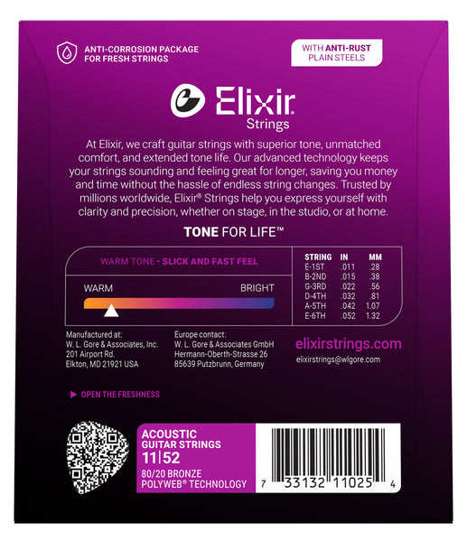 Elixir 11025 Polyweb 80/20 Bronze Acoustic Guitar Strings - Custom Light (11-52)