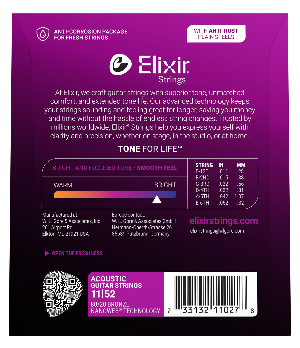 Elixir 11027 Nanoweb 80/20 Bronze Acoustic Guitar Strings - Custom Light (11-52)