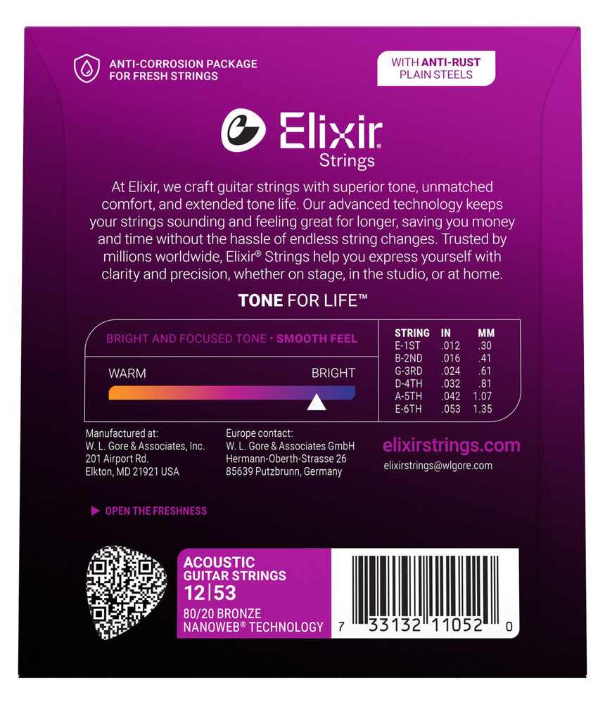 Elixir 11052 Nanoweb 80/20 Bronze Acoustic Guitar Strings - Light (12-53)