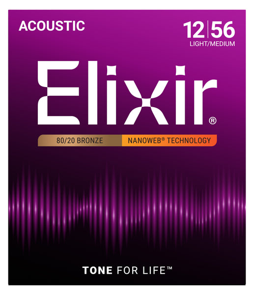 Elixir 11077 80/20 Bronze Acoustic Guitar Strings with NANOWEB Technology Light-Medium 12-56