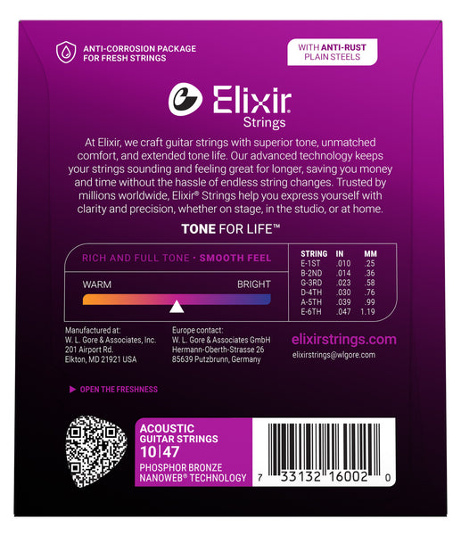 Elixir 16002 Nanoweb Phosphor Bronze Acoustic Guitar Strings - Extra Light (10-47)