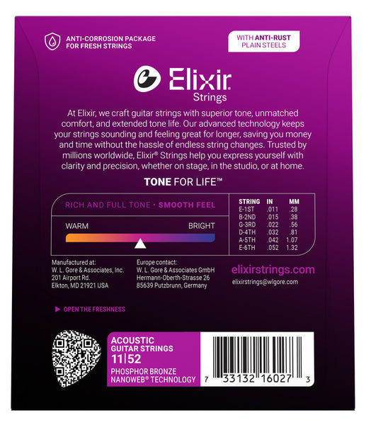 Elixir 16027 Nanoweb Phosphor Bronze Acoustic Guitar Strings - Custom Light (11-52)