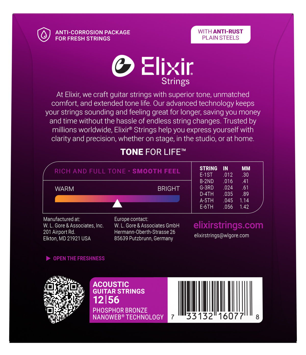 Elixir 16077 Nanoweb Phosphor Bronze Acoustic Guitar Strings - Light-Medium (12-56)