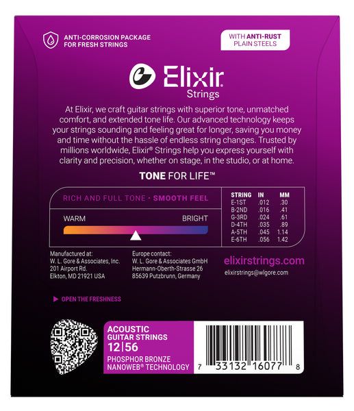 Elixir 16077 Nanoweb Phosphor Bronze Acoustic Guitar Strings - Light-Medium (12-56)