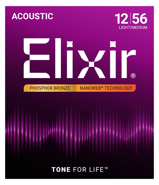 Elixir 16077 Nanoweb Phosphor Bronze Acoustic Guitar Strings - Light-Medium (12-56)