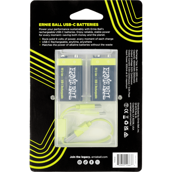 Ernie Ball 9642 USB-C Rechargeable 9v Battery by Paleblue - 2-pack