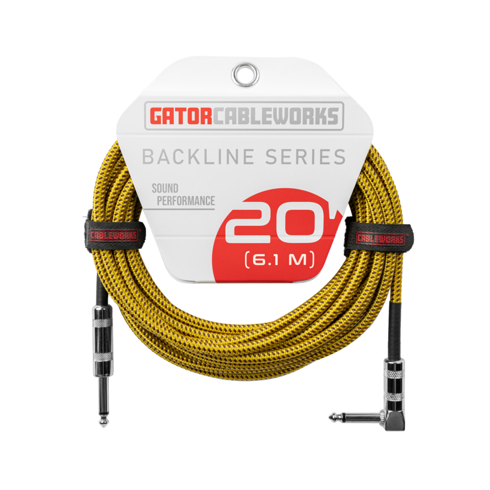 Gator GCWB-INS-20RABRY Backline Series 20 Foot Straight to Right Angle Braided Instrument Cable - Brown & Yellow