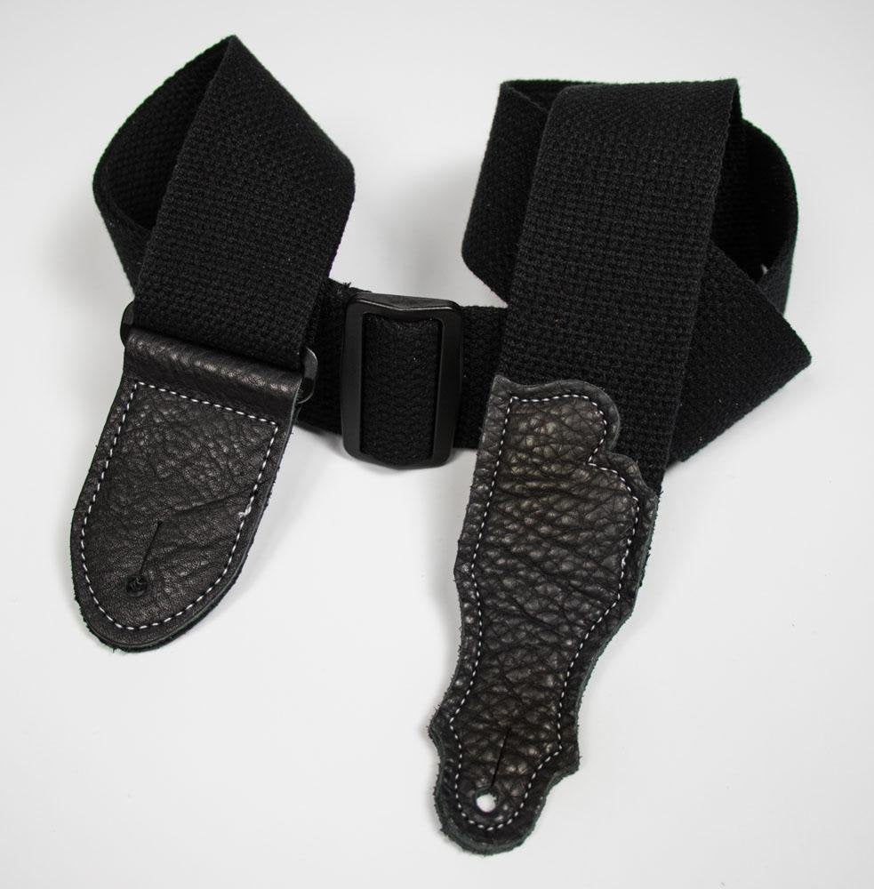 Franklin Strap 1-BK-BK 2" Black Cotton Black Glove Leather End Tab Guitar Strap