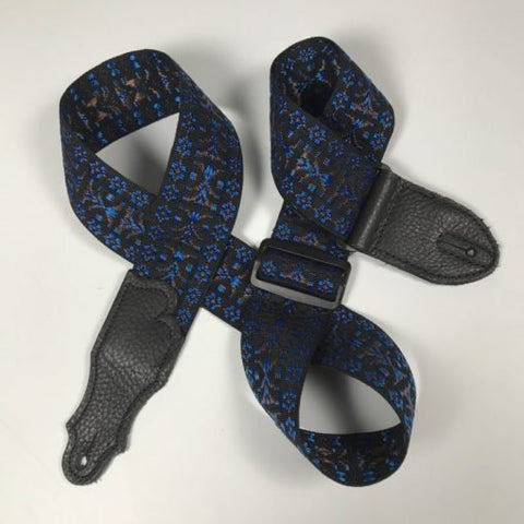 Franklin Strap F2-BL-BK 2" Blue Folk Weave Black Leather End Tabs Guitar Strap