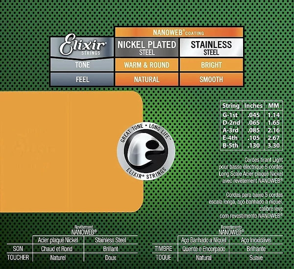 Elixir 14202 Nanoweb Nickel Plated Steel 5-String Electric Bass Strings - Light (45-130)