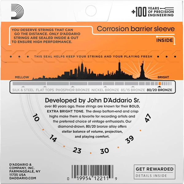 D'Addario EJ10 80/20 Bronze Acoustic Guitar Strings, Extra Light Gauge