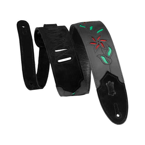 Levy's M4FV-BLK_REDLEATHER FLOWERING VINE SERIES Guitar Strap - Black & Red