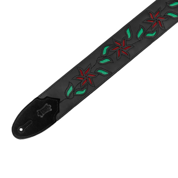 Levy's M4FV-BLK_REDLEATHER FLOWERING VINE SERIES Guitar Strap - Black & Red