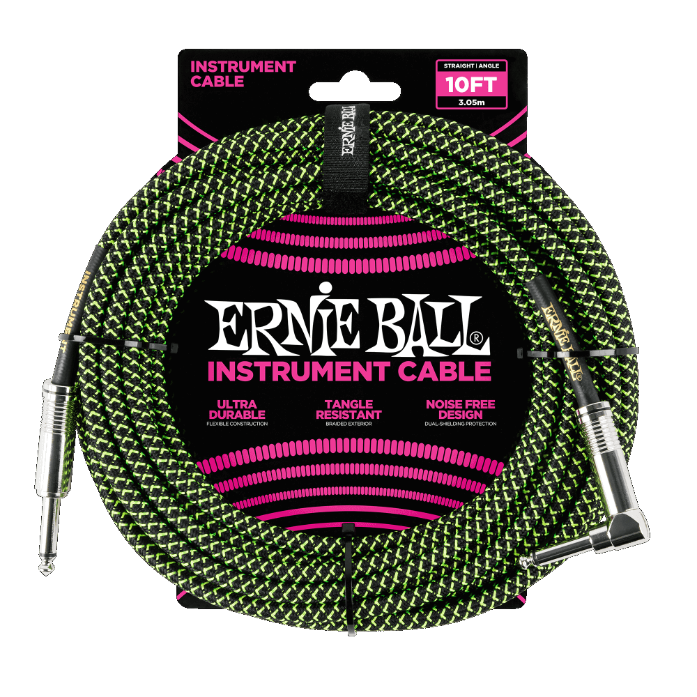 Ernie Ball 6077 BRAIDED INSTRUMENT CABLE STRAIGHT/ANGLE 10FT - BLACK/GREEN